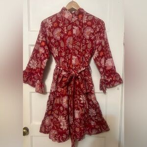 NWOT Anthropologie Sue Sarton Short Kaftan Floral Red Dress with Belt